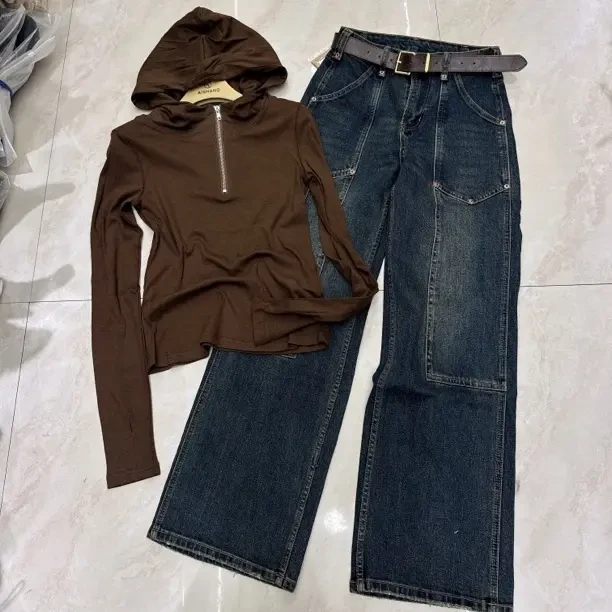 5763中腰显瘦复古港风直筒牛仔裤