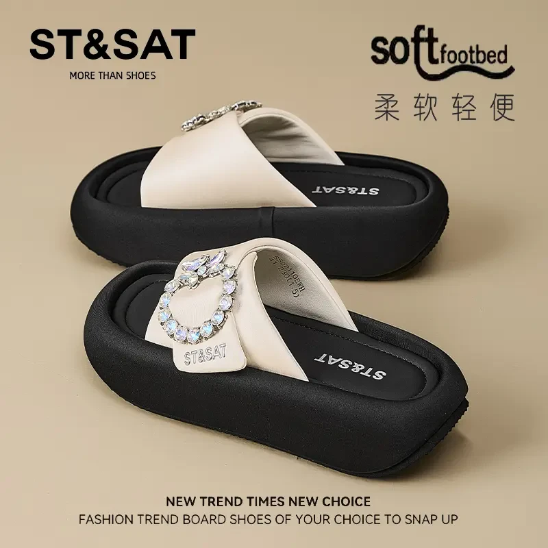星期六高颜值拖鞋女款外穿绝美水钻小众凉拖鞋秋季软底休闲一字拖