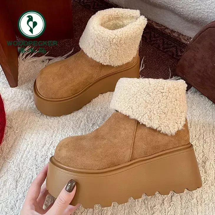 啄木鸟翻毛短筒增高雪地靴女2025秋冬新款加绒加厚芒果头勃肯棉鞋