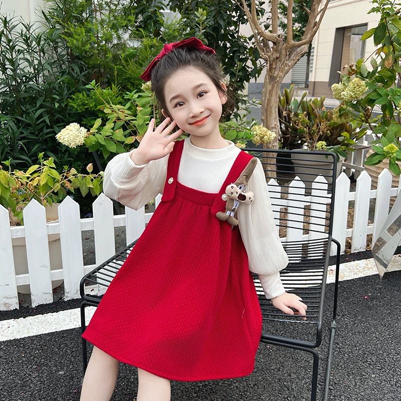 女童连衣裙春秋2025新款洋气儿童背带裙套装女孩宝宝红色公主裙子