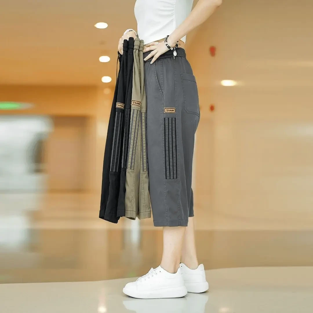 夏季薄款美式冰丝休闲短裤男潮流速干运动宽松直筒三杆七分中裤子