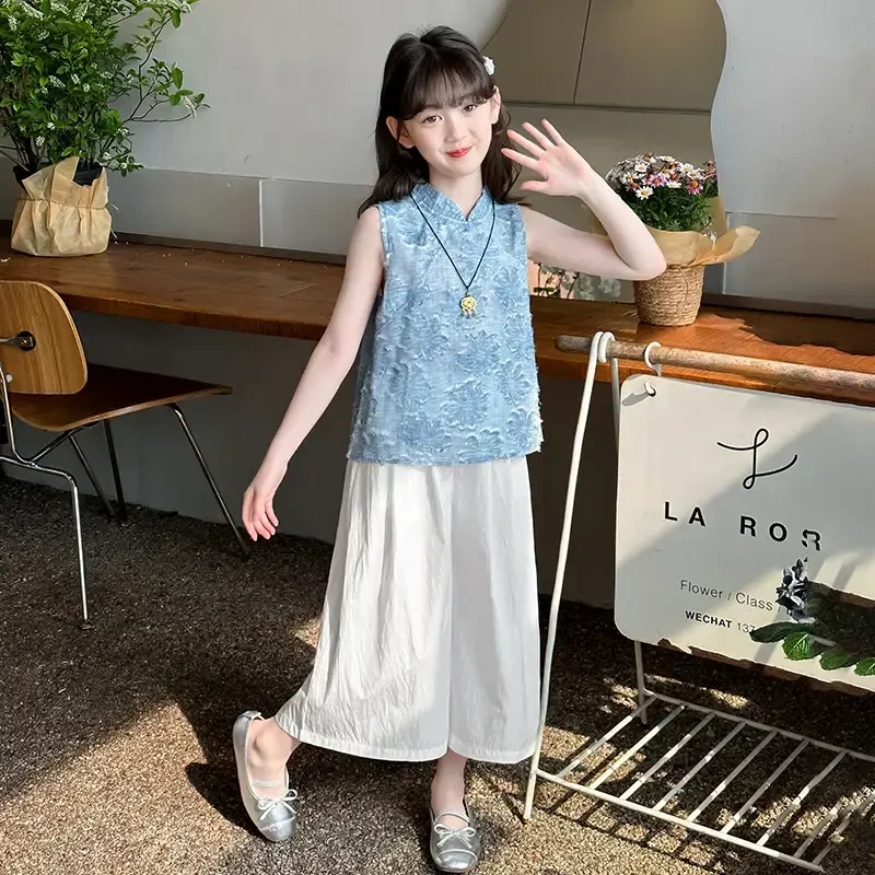 女童夏装新中式甜美套装新款中小大童时尚气质中国风无袖儿童裙裤