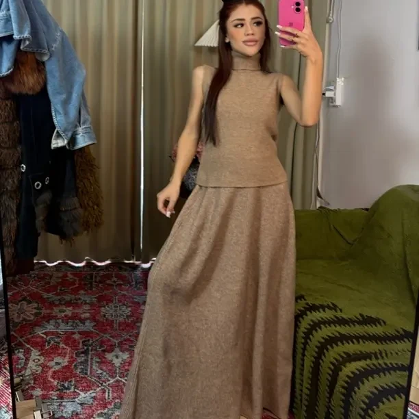 冬季韩系气质高领针织背心半身长裙显瘦保暖时尚两件套装