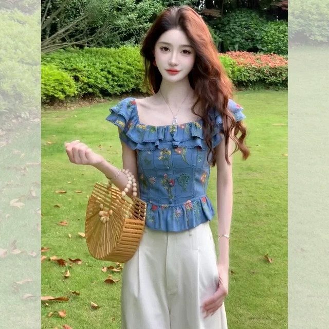 蓝色碎花方领荷叶边小飞袖短袖t恤女2025夏季新款独特漂亮小上衣
