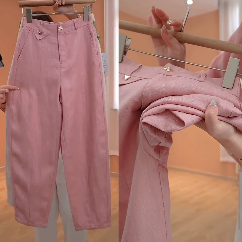 九分哈伦裤女2025新款夏季薄款天丝亚麻裤休闲萝卜老爹裤宽松裤子