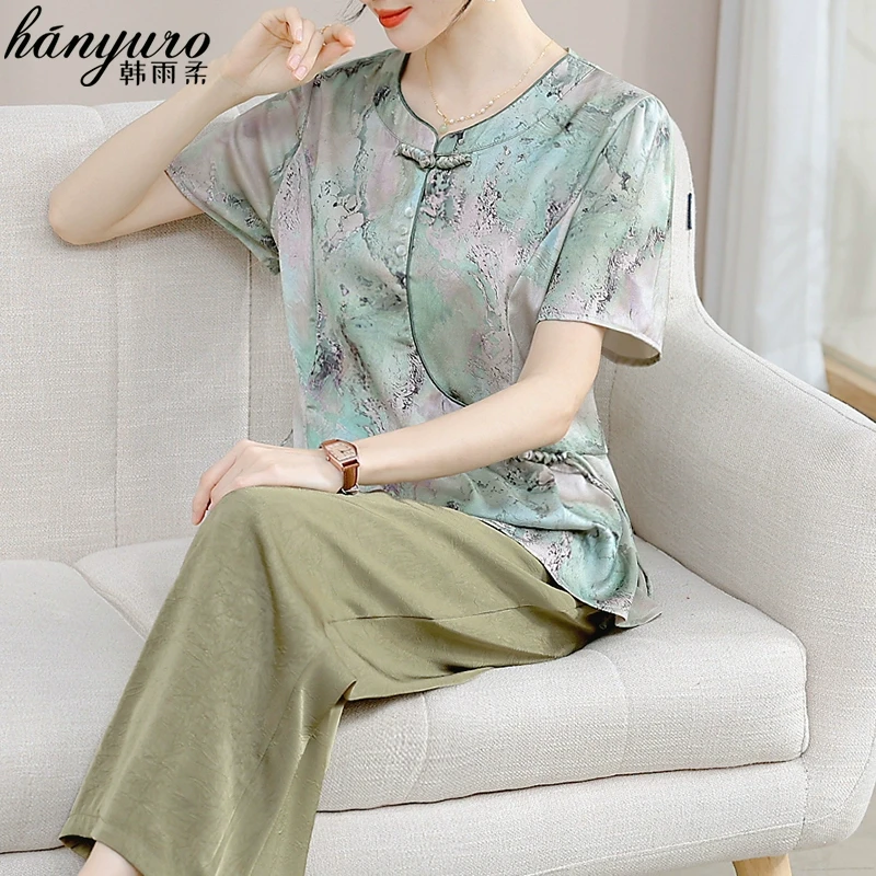妈妈装夏装短袖小衫套装2025新款中老年人夏季新中式国风上衣服女