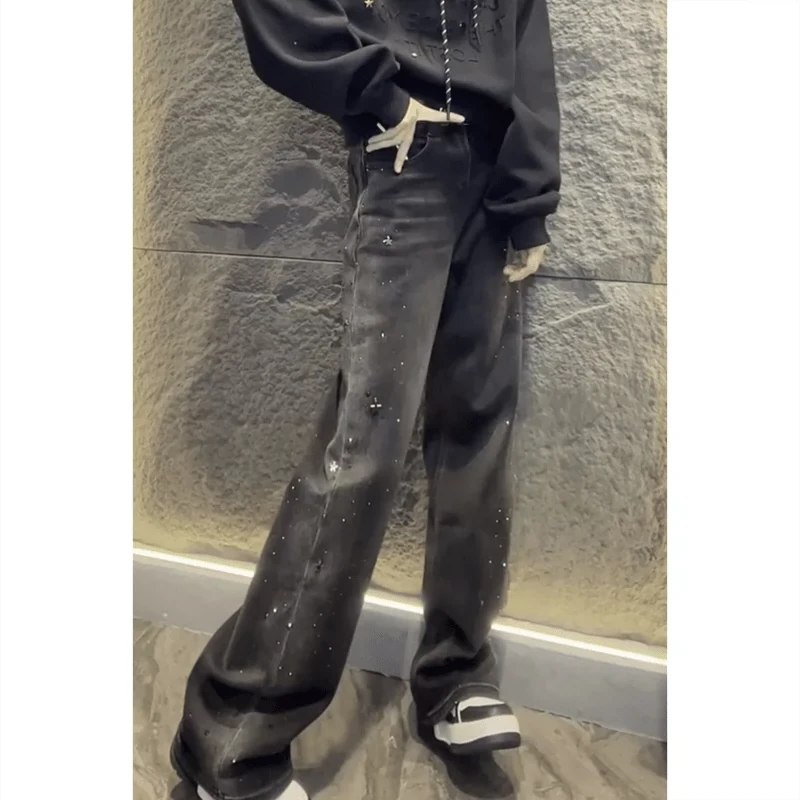 复古窄版阔腿裤女秋季新款胖mm显瘦大码高腰牛仔裤子弯刀香蕉裤潮