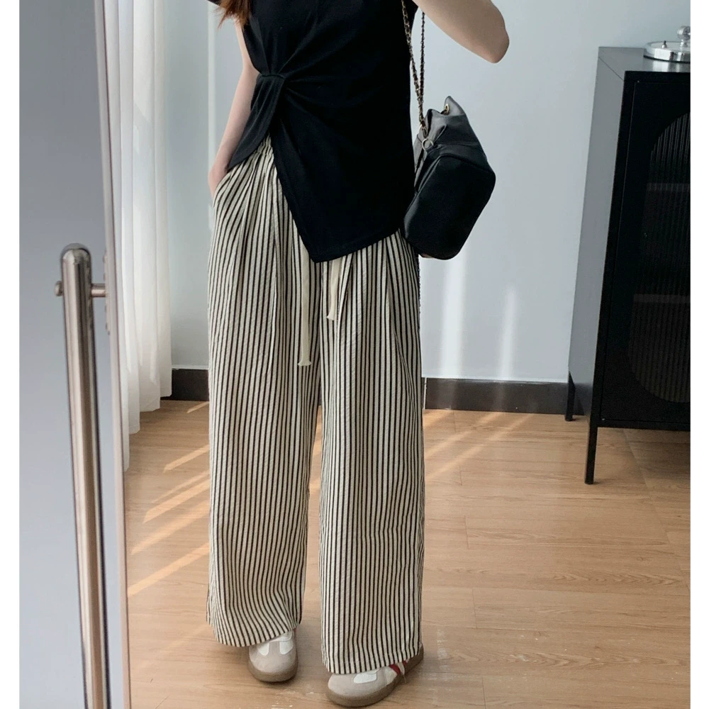 完2381条纹凉凉休闲裤女显瘦直筒阔腿裤2025新款夏季高腰遛弯裤