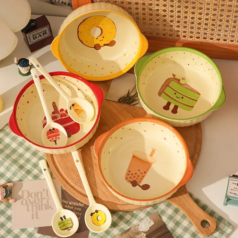宿舍少女心面碗陶瓷釉下彩可爱好看卡通专用创意家用面碗沙拉饭碗