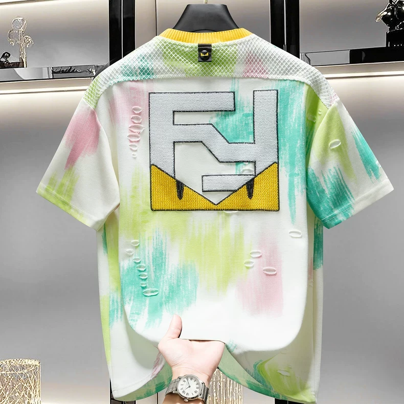 欧洲站男士高端设计感提花涂鸦破洞刺绣短袖T恤2025新款夏季上衣