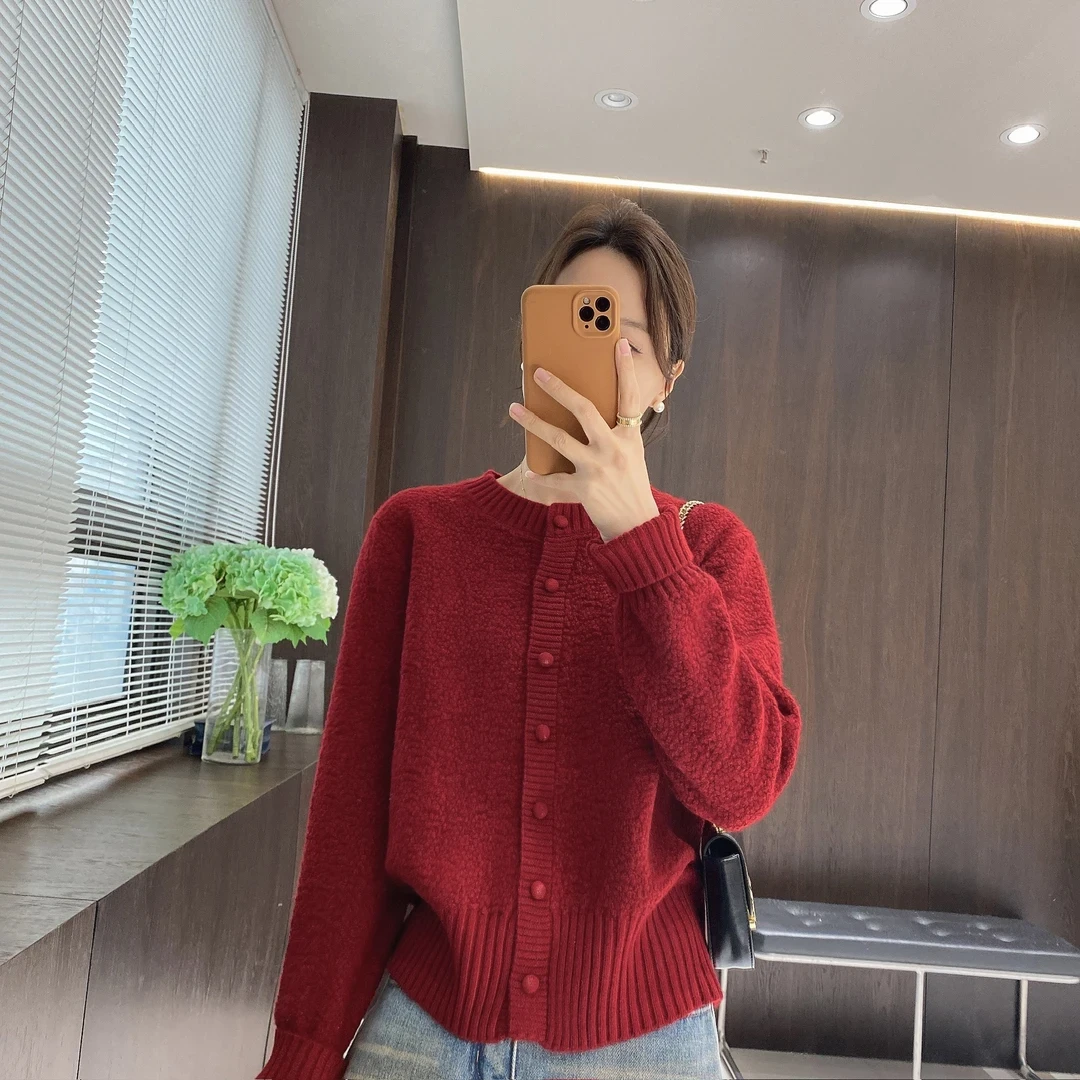 针织衫红色DYW10239秋冬韩系慵懒风针织外套上衣