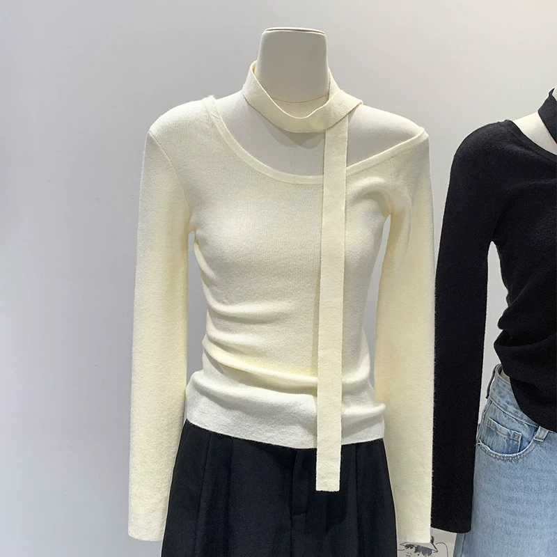 法式挂脖系带长袖针织打底衫女秋冬季2024新款内搭设计感气质上衣