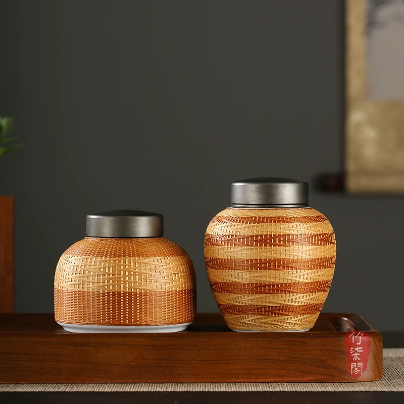 手工竹编竹丝扣瓷茶叶罐锡罐便携旅行陶瓷茶罐密封罐普洱茶包装盒