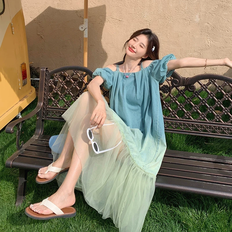 【时岛】丁达尔穿搭露肩牛仔连衣裙女夏季薄款新款网纱拼接吊带裙