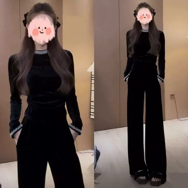 冬季穿搭一整套高级感丝绒上衣加绒阔腿裤两件套御姐气质潮流套装