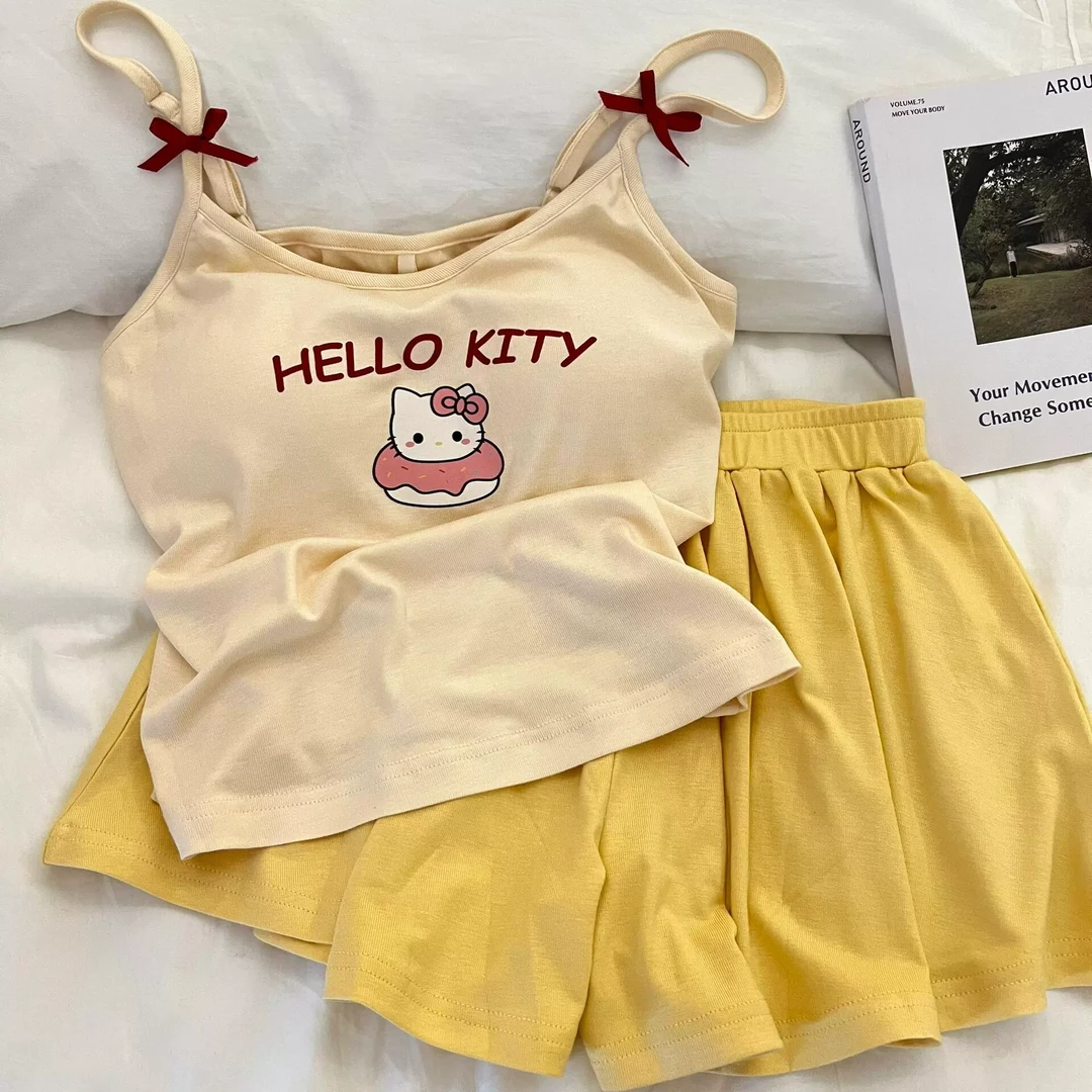 卡通Kitty印花吊带睡衣女夏款可外穿带胸垫背心短裤家居服两件套