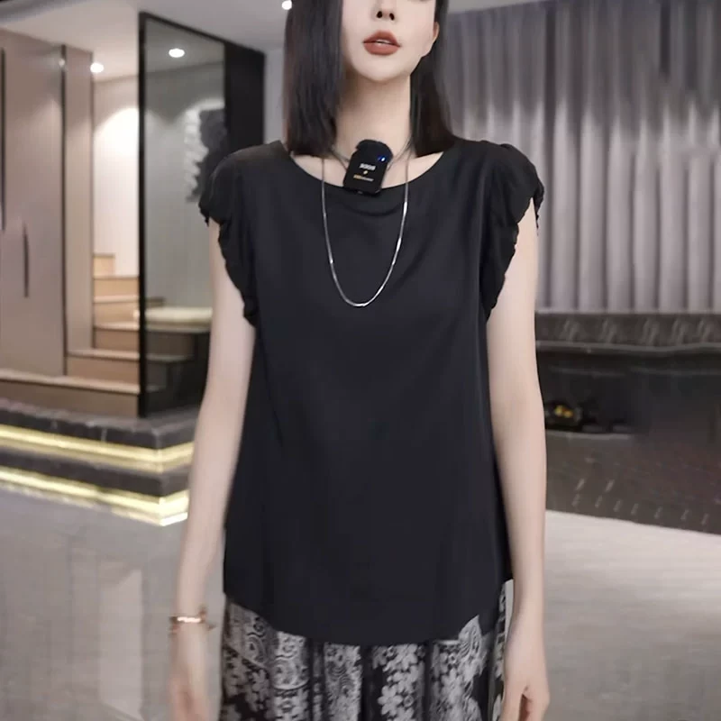 2025夏季新款黑色蕾丝拼接镂空短袖T恤女宽松时尚减龄设计感上衣