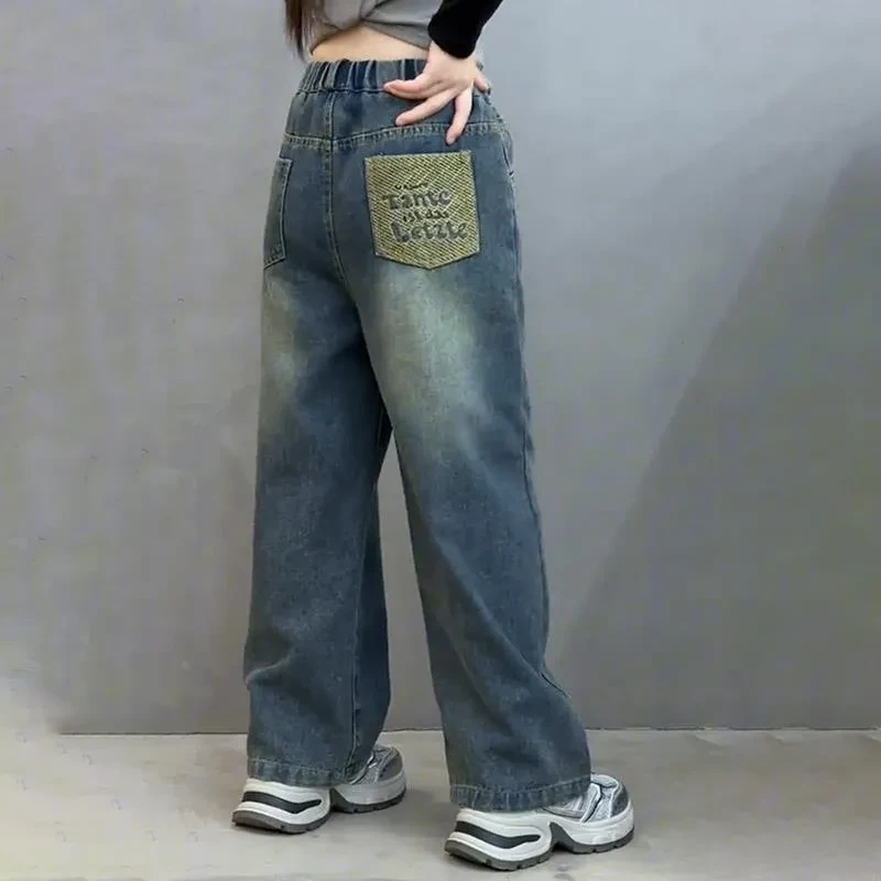 女大童牛仔裤春秋2024新款小女孩冬季直筒裤初中生加绒阔腿长裤子