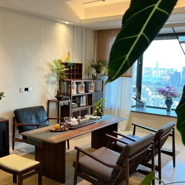 黑胡桃榫卯整套1.8桌+3沙发+茶水柜+博古架