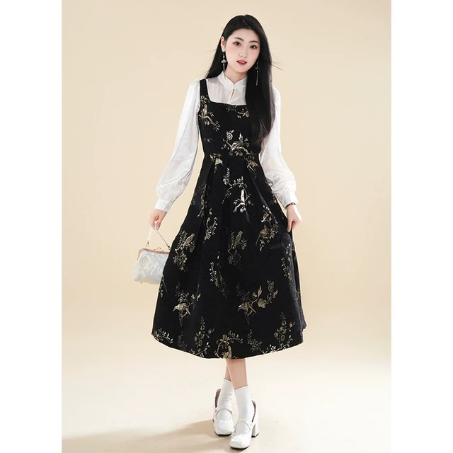 锦绣山河 秋冬装新中式国风复古民国千金大小姐提花假两件连衣裙