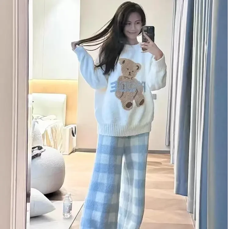 【嘟嘟专属】韩版可爱小熊半边绒睡衣秋冬季卡通撞色加厚保暖家居服