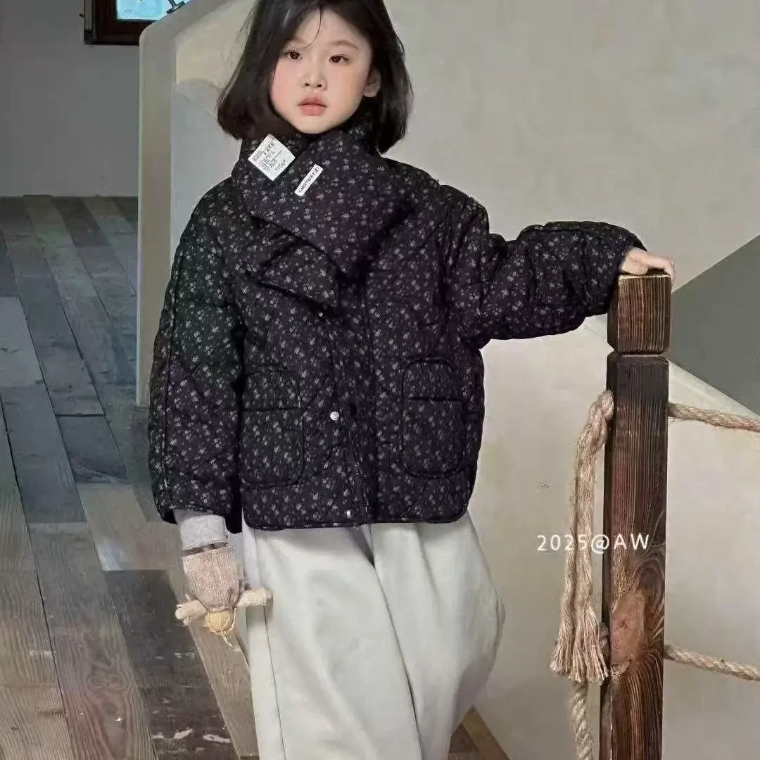 厚款韩系碎花女童棉服时尚短款洋气儿童黑色秋冬保暖