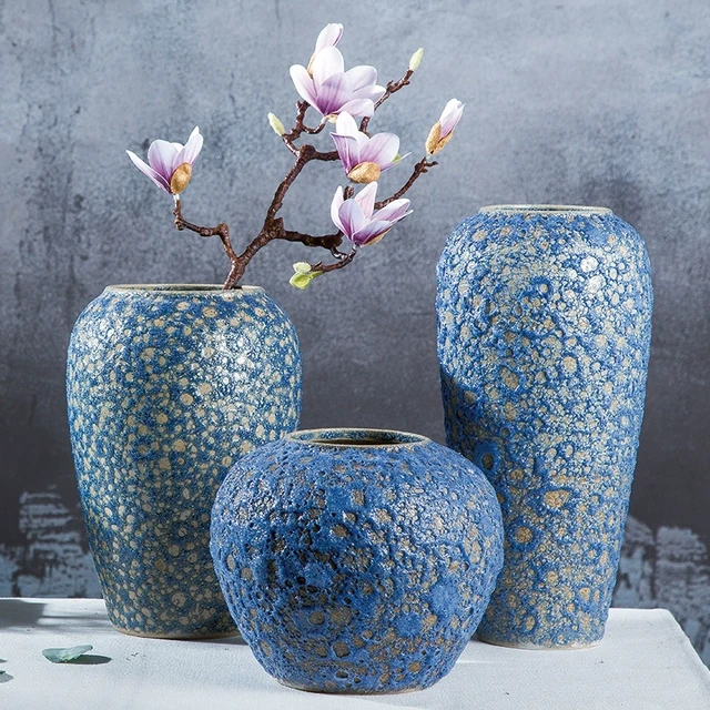 复古新中式蓝色泡泡釉粗陶插花器陶瓷干花瓶高颜值客厅装饰品摆件