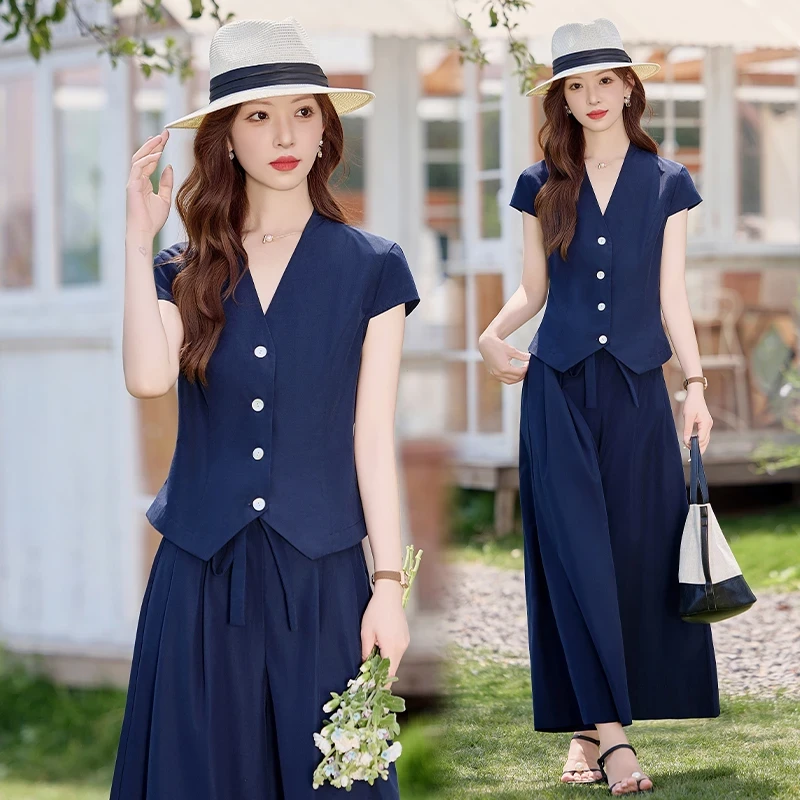 藏青色休闲套装女2025年夏季新款短袖收腰衬衫显瘦阔腿裤裙两件套
