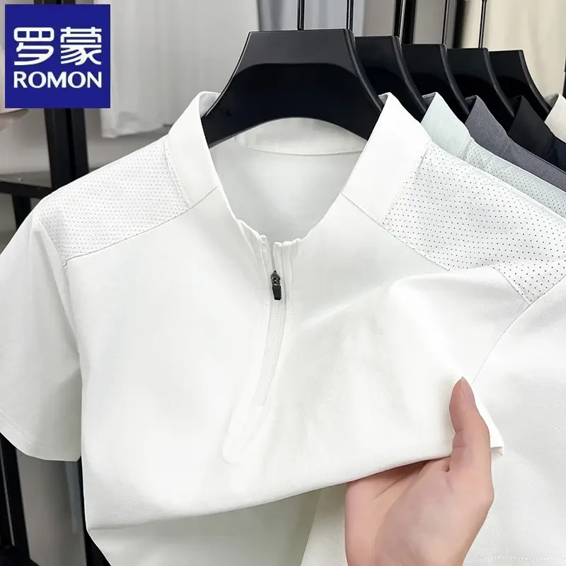 罗蒙休闲拼接过肩袖网眼透气短袖T恤衫夏季拉链立领男士纯色上衣