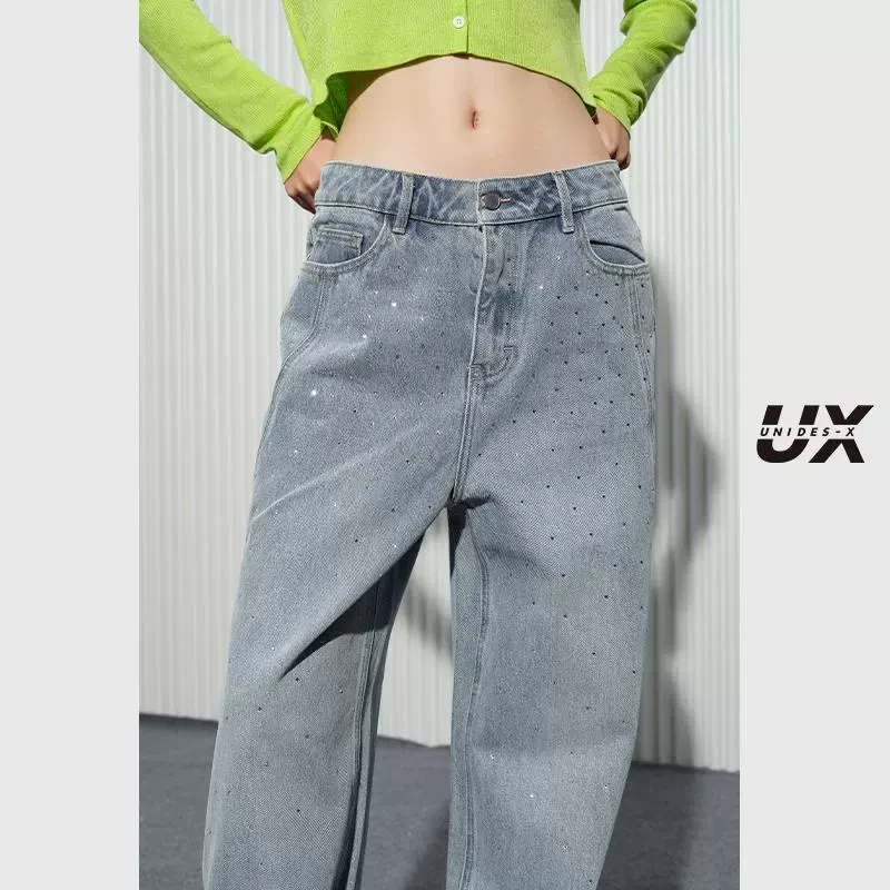 UX2025新款 烫钻牛仔裤女 时尚通勤低腰长裤 百搭单品