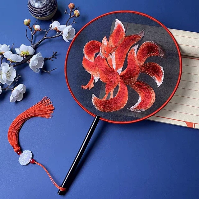 九尾狐红狐双面刺绣团扇扇子中式苏绣国风随身扇子儿童拍照舞蹈扇