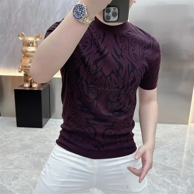 欧货轻奢男士针织冰丝短袖T恤白色时尚夏季百搭半袖上衣烫钻25237