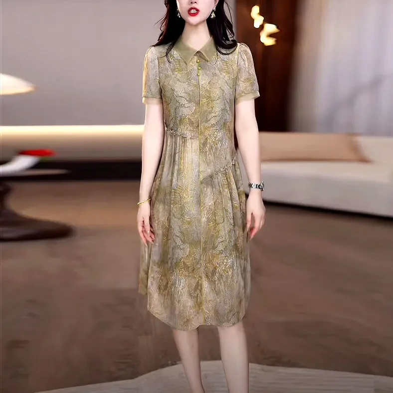 轻羽丝简约时尚碎花连衣裙2025夏季新款POLO领宽松遮肉显瘦A字裙