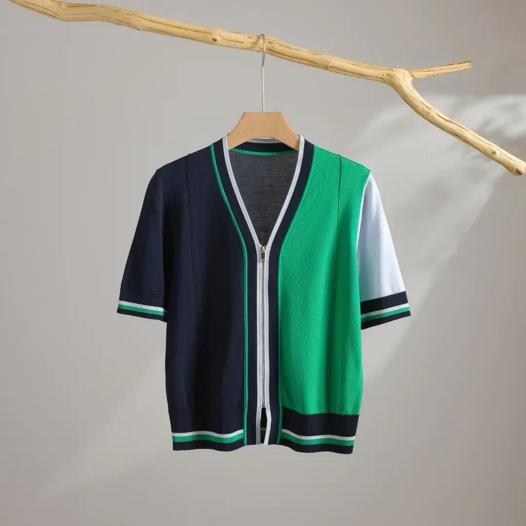 【 莱赛尔天丝】时尚拼色针织开衫出游服装女8107