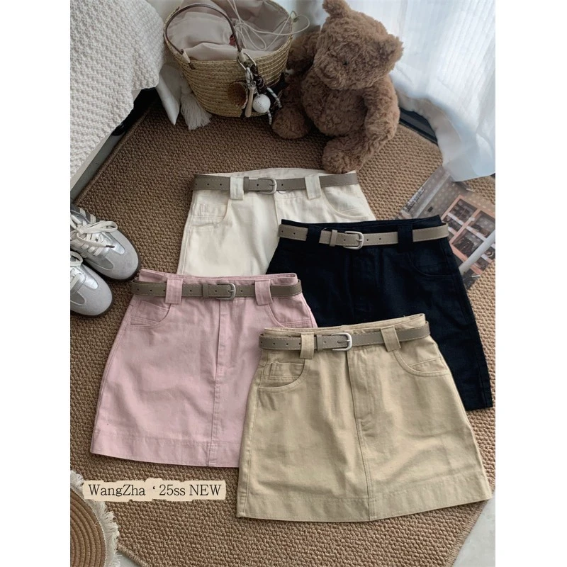 2025夏季新款时尚高腰显瘦短裙女复古纯色百搭休闲高腰显瘦半身裙