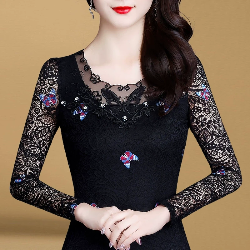 3022蕾丝打底衫长袖显瘦上衣