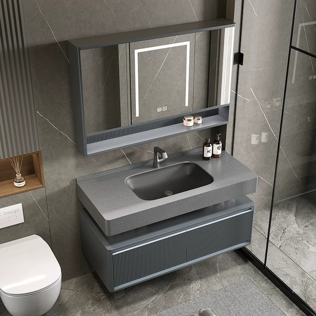 岩板陶瓷一体盆浴室柜卫生间定制洗漱台洗手脸盆智能折叠镜柜组合