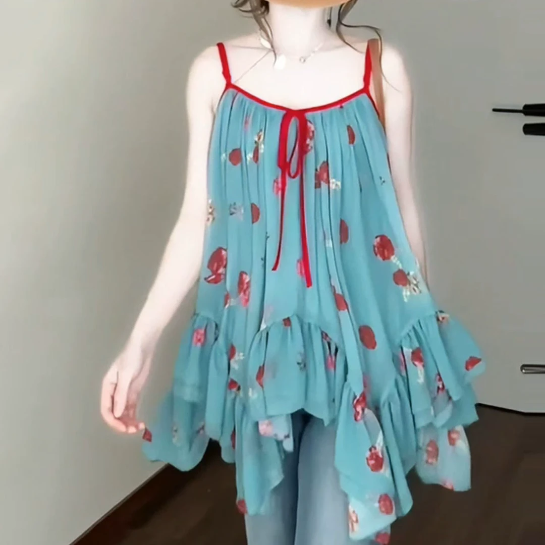 【8709】大码女装胖mm法式印花吊带背心夏季设计感小众甜美减龄上衣