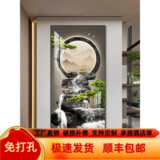 新中式玄关装饰画轻奢竖版走廊过道挂画入户客厅正对门墙画迎客松