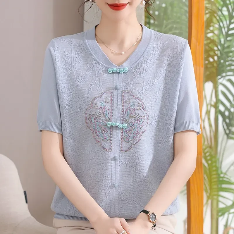 妈妈夏装针织短袖上衣2025新款中老年女装遮肉显瘦洋气T恤两件套