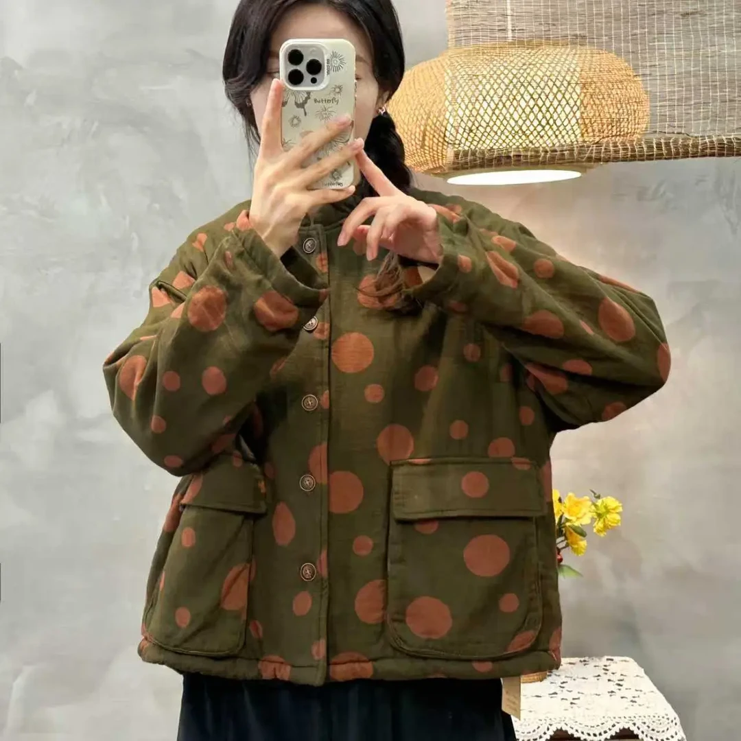 冬季复古大口袋圆点小立领加棉保暖冬季短款棉服棉袄