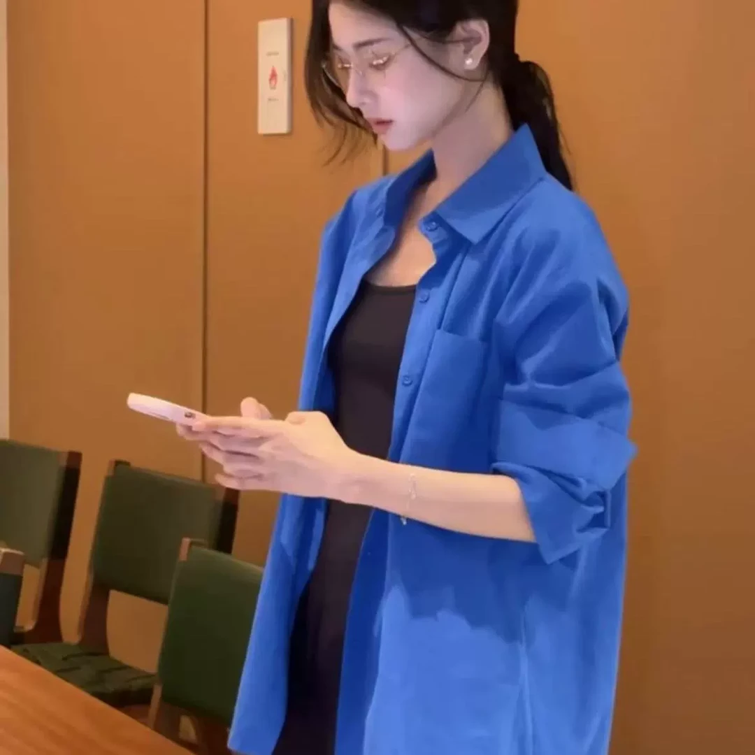 克莱因蓝色长袖衬衫外套女2025春夏新款内搭外穿职业polo纯棉衬衣