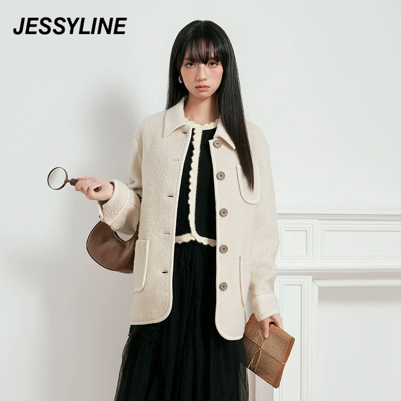 jessyline2024冬季新款 杰茜莱时尚气质高级感中长款羊毛呢外套女