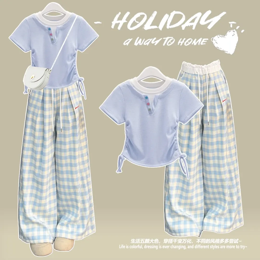 2025新款6-15岁女童夏装套装初中生韩版抽绳短袖T恤蓝格子阔腿裤