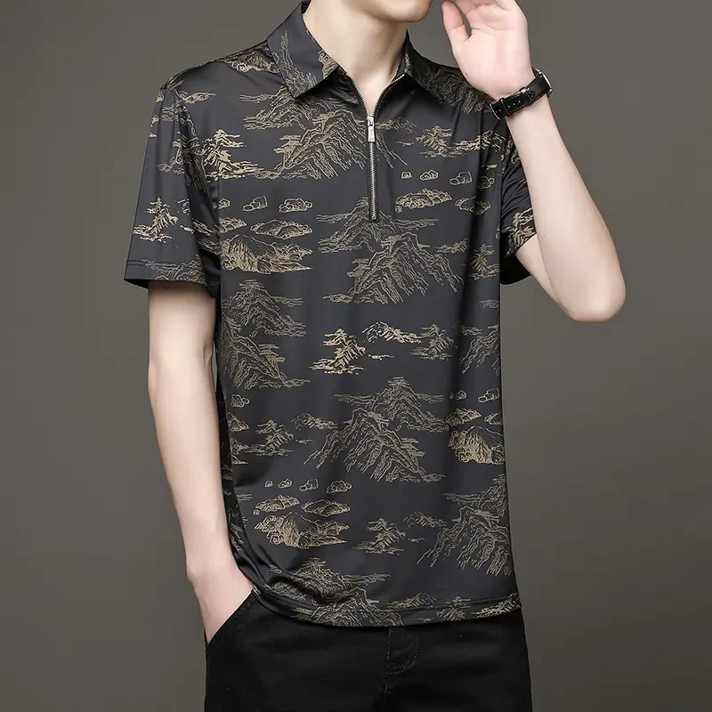 夏季男短袖拉链冰丝中国风Polo衫透气运动上衣翻领印花男装薄款潮