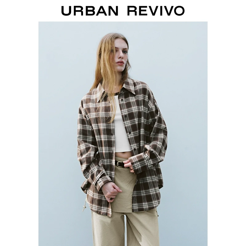 UR2025秋季新款女装复古风撞色格纹长袖开襟衬衫UYY250008