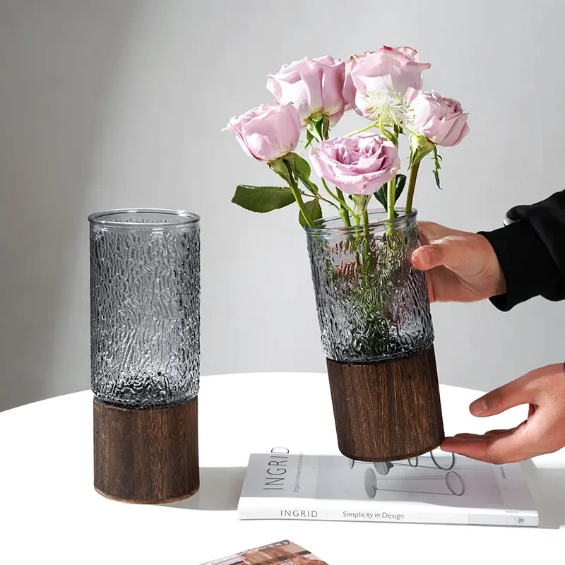 【工厂尾货】25cm创意木托玻璃花瓶银柳插花瓶富贵竹花瓶客厅装饰品