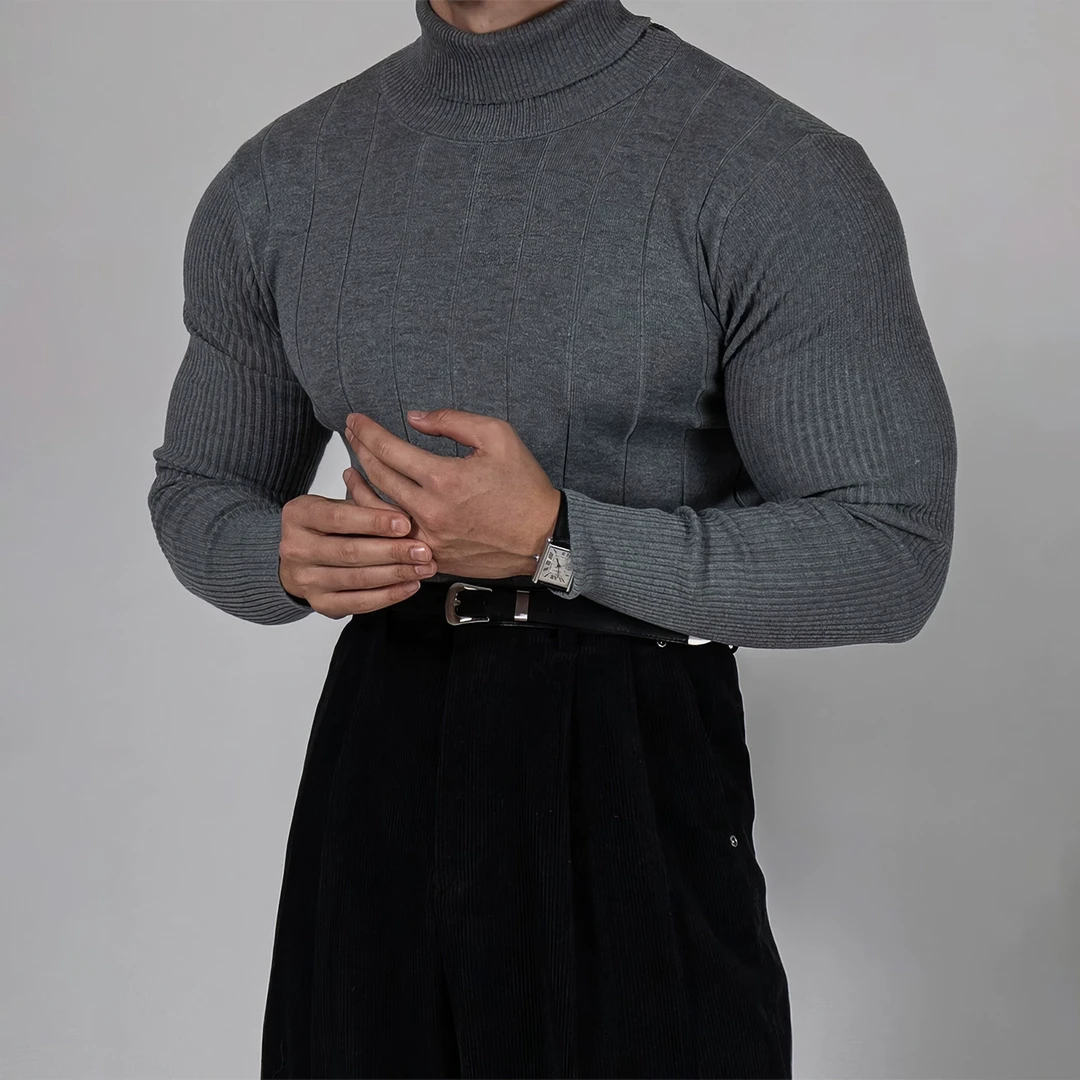 可翻高领长袖毛衣T恤男秋冬弹力修身打底针织衫显肌肉基础款上衣