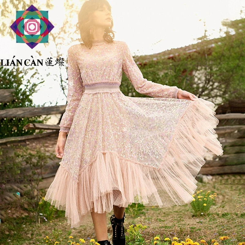 X2024春夏新波西米亚收腰显瘦网纱蕾丝长袖连衣裙7119323007