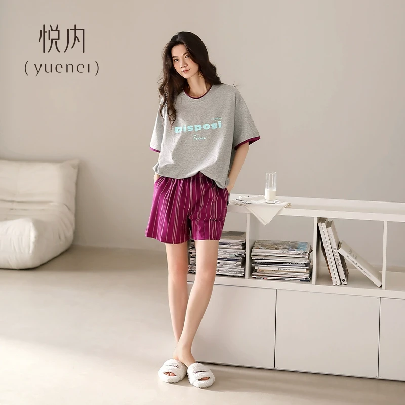 悦内【带胸垫】夏季纯棉短袖短裤女士家居服凉感休闲可外穿出门睡衣